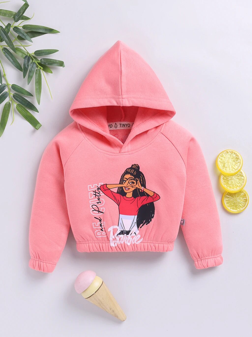 Tinyo Barbie Fleece Printed Hooded Sweatshirt Girls (PEACH, Pack Of 1)