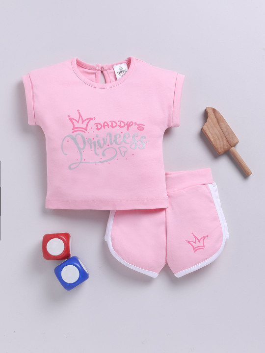 Tinyo Printed Pure Cotton T-Shirt & Shorts Set For Girls (Pink, Pack Of 1)