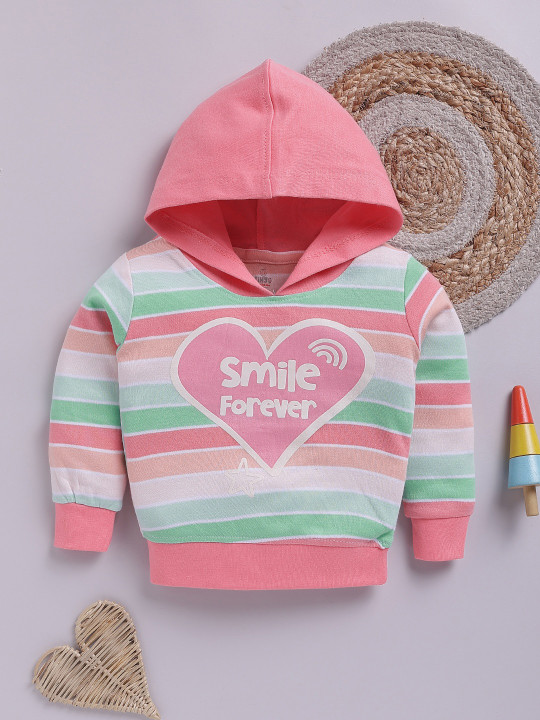 TINYO Infant Girls Striped Hooded Cotton T-Shirt (Pink, Pack of 1)