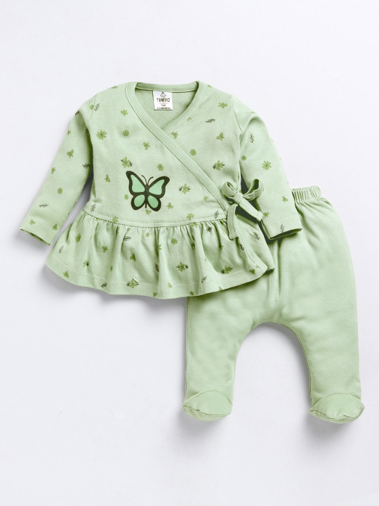 TINYO Infant Girls Printed Tunic with Leggings Set (Green, Pack of 1)