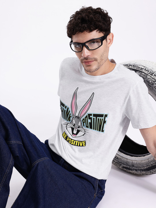 Minute Mirth Looney Tunes Printed Pure Cotton T-shirt (Grey Melange & Black, Pack of 1)
