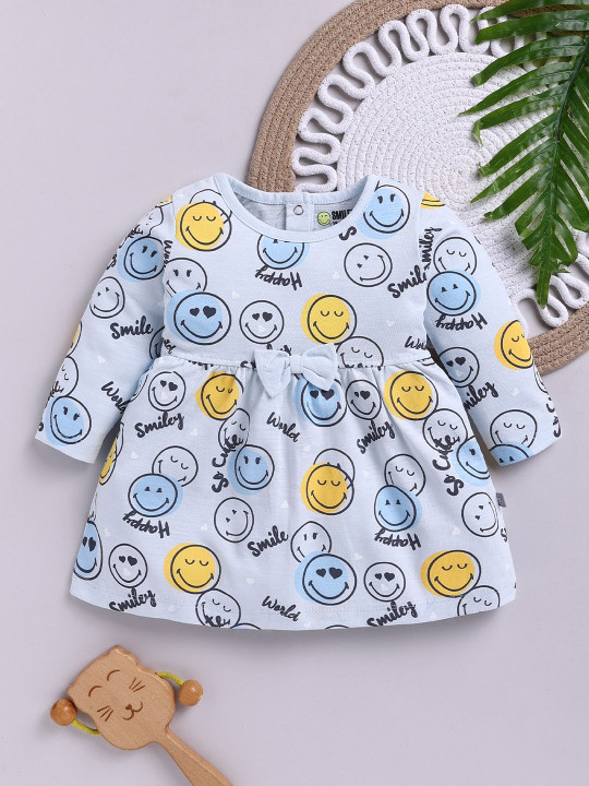 Tinyo Girls Smiley World Graphic Print A-Line Dress (Blue, Pack Of 1)