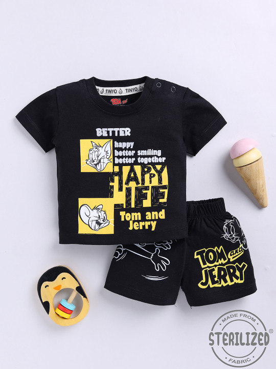 TINYO Infant Boys Tom & Jerry Printed T-Shirt with Shorts (Black, Pack of 1)