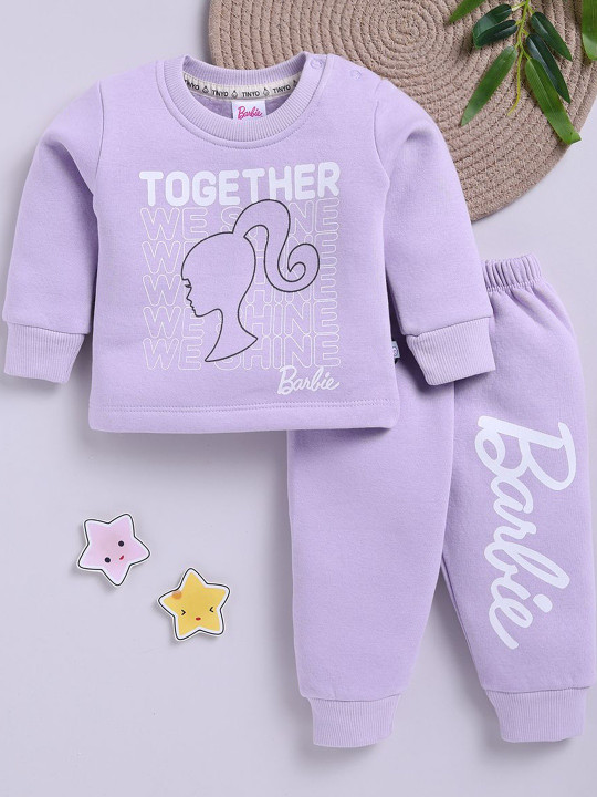 TINYO Infant Girls Barbie Printed Sweatshirt & Joggers Set (Purple, Pack of 1)