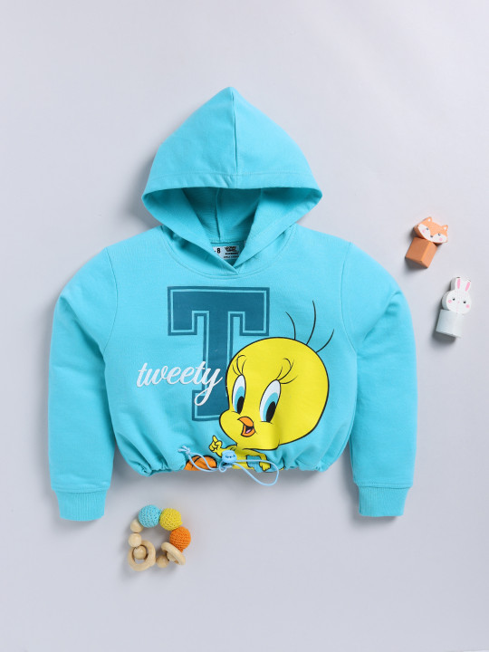 Minute Mirth Girls Looney Tunes Printed Hooded Crop Sweatshirt (Blue, Pack of 1)