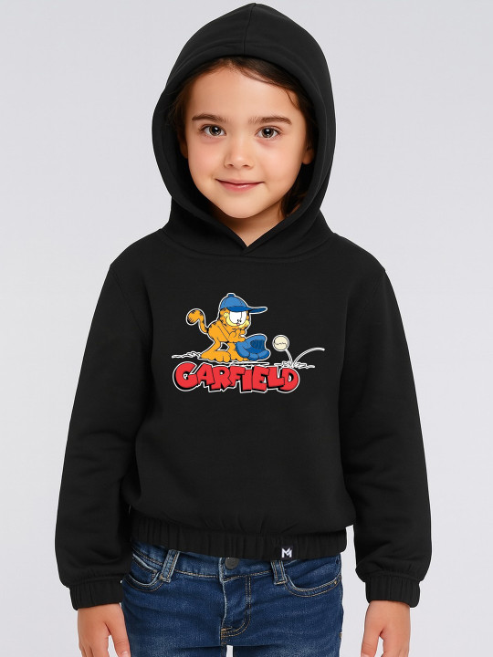 Minute Mirth Girls Garfield Printed Fleece Hooded Sweatshirt (Black, Pack of 1)