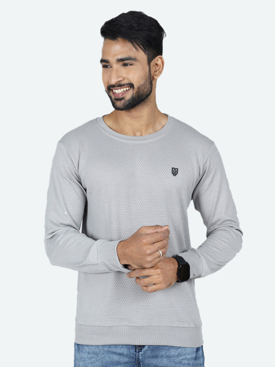 GAME BEGINS Men Round Neck Long Sleeve Self Design Jacquard Pullover Sweater (Grey, Pack of 1)