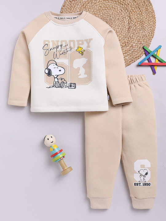 TINYO Boys Peanuts Printed Round Neck Sweatshirt & Joggers Set (Beige, Pack of 1)