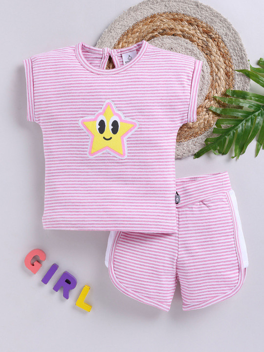 TINYO Infant Girls Striped Top & Shorts Set (Pink, Pack of 1)