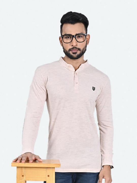 GAME BEGINS Men Solid Henley Neck Long Sleeve Pure Cotton T-Shirt (Beige, Pack of 1)