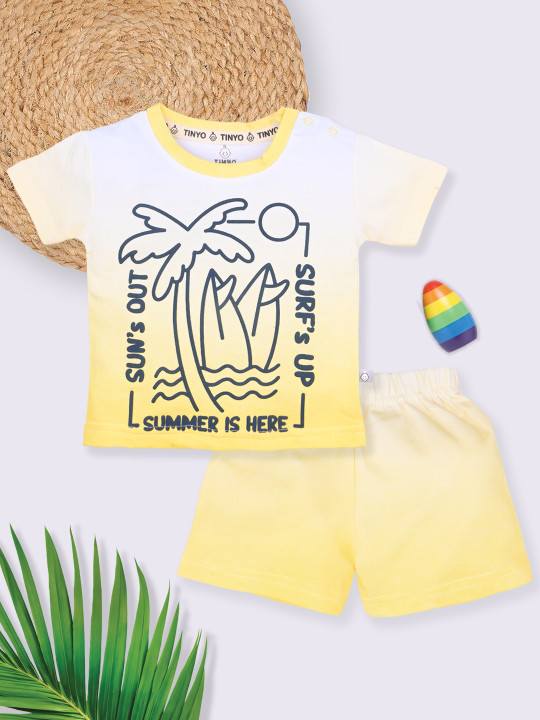 Tinyo Printed Pure Cotton T-Shirt & Shorts Set For Boys (Yellow & White, Pack Of 1)