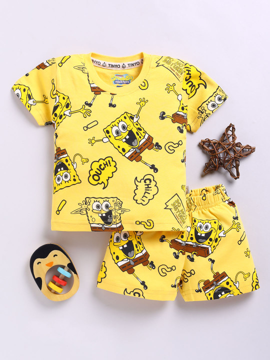 Tinyo Spongebob Printed Pure Cotton T-Shirt & Shorts Set For Boys (Yellow, Pack Of 1)