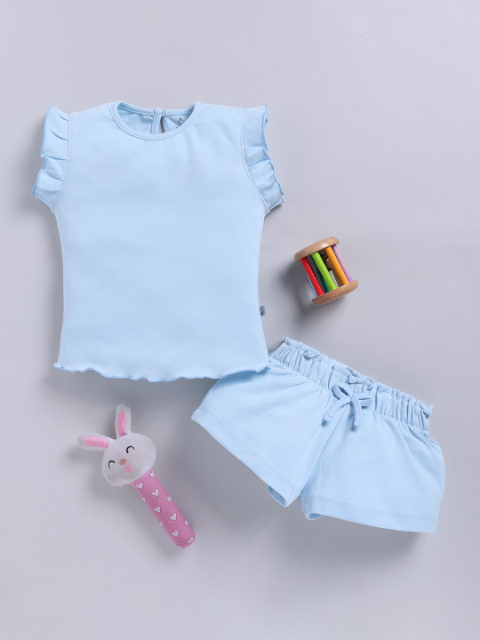 Tinyo Girls Ruffle Detail Back Button Pure Cotton Top & Shorts Set (Blue, Pack Of 1)