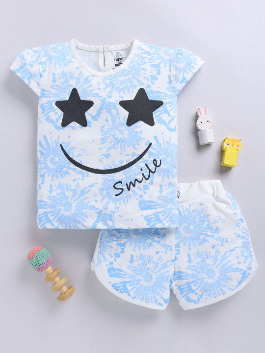 Tinyo Infant Girls Smiley World Pure Cotton Top & Shorts Set (Blue, Pack Of 1)