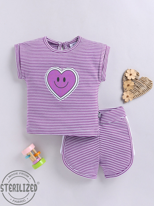 TINYO Infant Girls Striped Top & Shorts Set (Purple, Pack of 1)