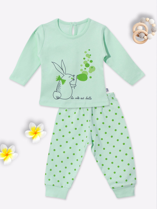 Tinyo Infant Girls Printed Pure Cotton T-Shirt & Joggers Set (Green, Pack Of 1)