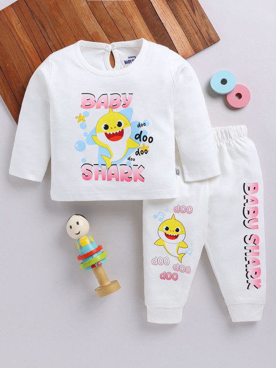 TINYO Infant Girls Baby Shark Printed T-Shirt with Pyjamas Set (White, Pack of 1)