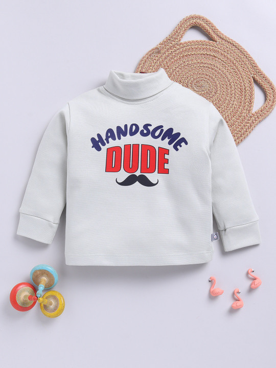 TINYO Infant Boys Typography Printed High Neck Pure Cotton T-Shirt (Grey & Red, Pack of 1)