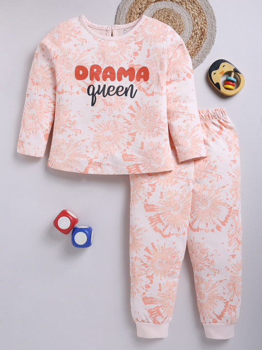 TINYO Infant Girls Typography Printed Pure Cotton Clothing Set (Peach, Pack of 1)