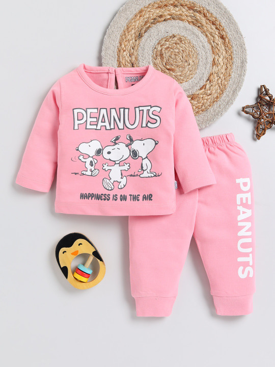 TINYO Infant Girls Peanuts Printed Pure Cotton T-Shirt with Joggers (Pink, Pack of 1)