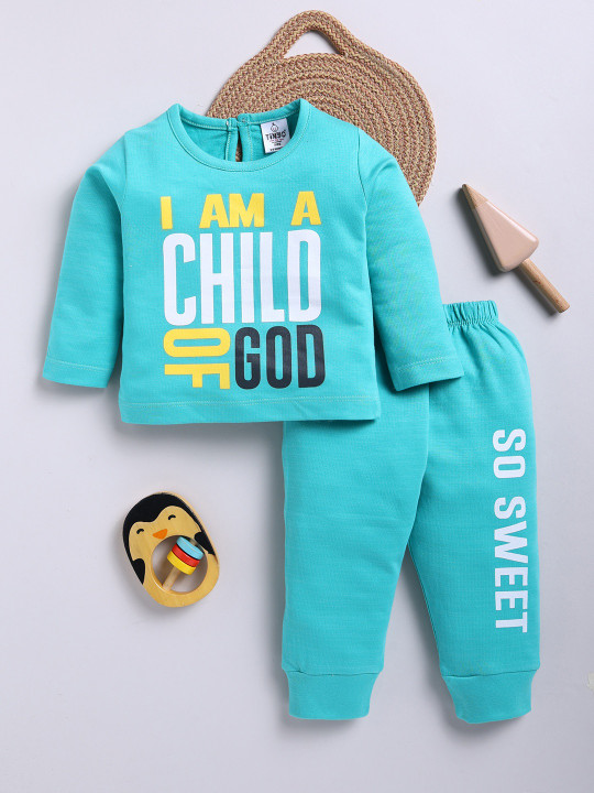 Tinyo Infant Girls Typography Printed Pure Cotton T-Shirt With Joggers – (Sea Green, Pack Of 1)