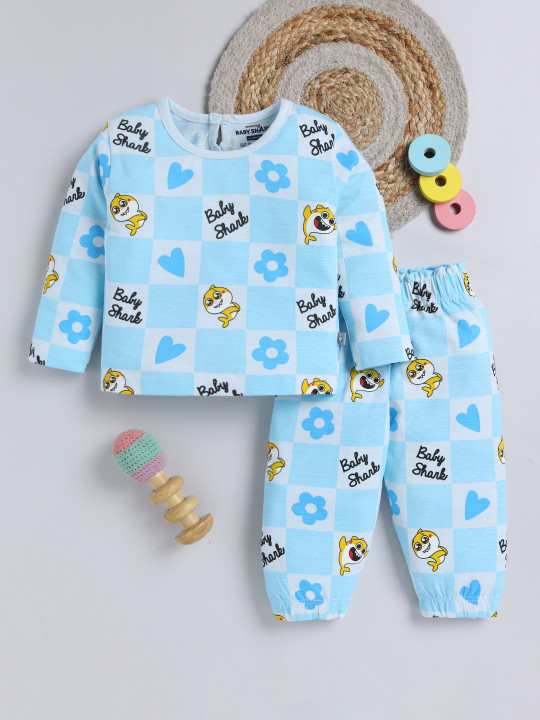 Tinyo Infant Girls Baby Shark Printed Pure Cotton T-Shirt With Joggers (Blue, Pack Of 1)