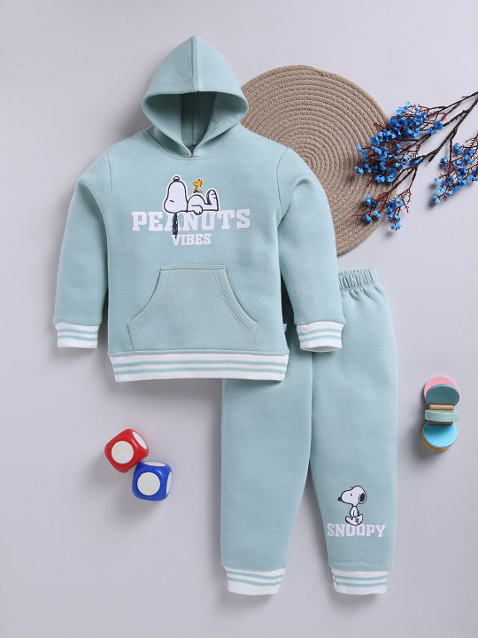 TINYO Infant Boys Peanuts Printed Hooded Sweatshirt & Joggers Set (Turquoise Blue, Pack of 1)