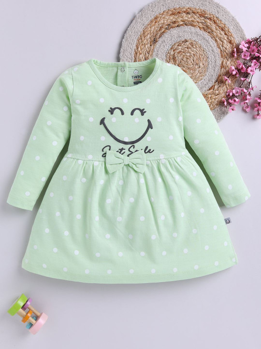 Tinyo Girls Smiley World Graphic Print A-Line Dress (Green, Pack Of 1)