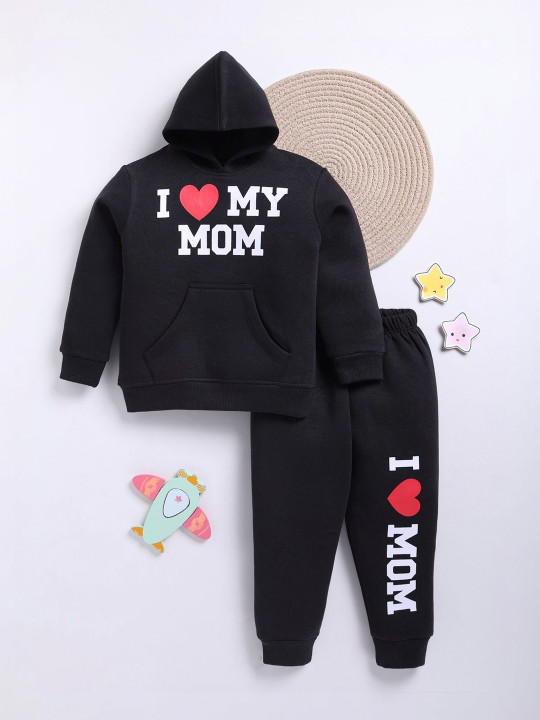 TINYO Infant Girls Printed Hooded Sweatshirt & Joggers Set (Black, Pack of 1)