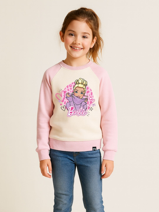 Minute Mirth Girls Barbie Printed Fleece Sweatshirt (Off-White, Pack of 1)