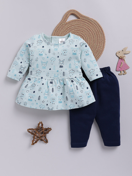 TINYO Infant Girls Printed Cotton Tunic with Leggings Set (Blue & Navy Blue, Pack of 1)