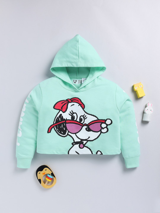 Minute Mirth Girls Peanuts Printed Hooded Crop Sweatshirt (Sea Green, Pack of 1)