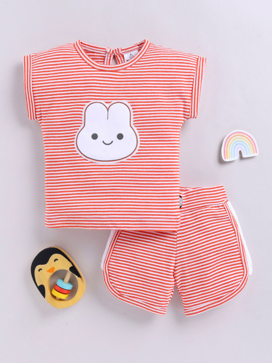 TINYO Infant Girls Striped Top & Shorts Set (Orange, Pack of 1)