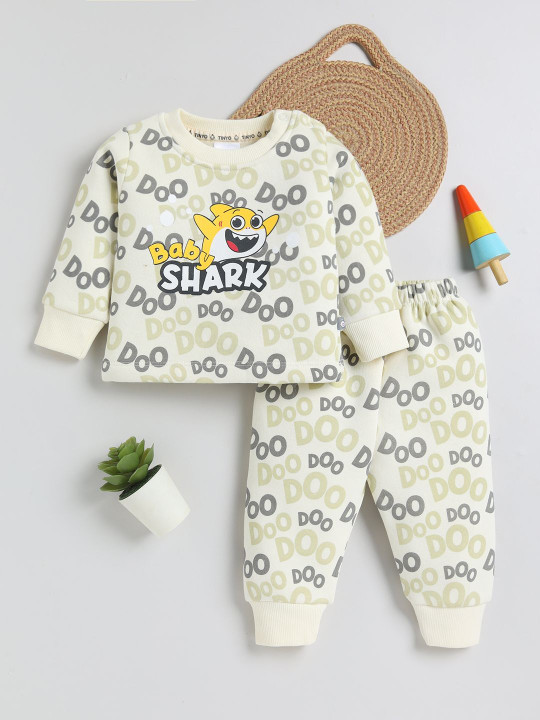 TINYO Infant Boys Baby Shark Printed T-shirt with Pyjamas Set (Off White, Pack of 1)