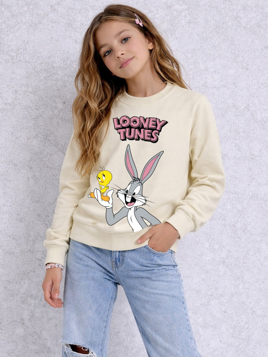 Minute Mirth Girl’s Looney Tunes Printed Fleece Sweatshirt (Cream, Pack Of 1)