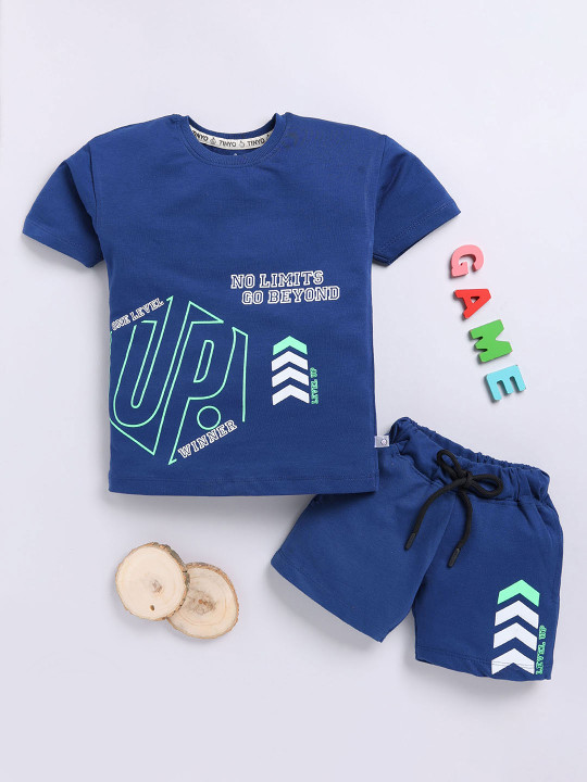 Tinyo Printed Cotton T-Shirt & Shorts Set For Boys (Blue, Pack Of 1)