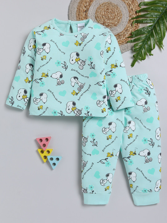 TINYO Infant Girls Peanuts Printed Pure Cotton Clothing Set (Green, Pack of 1)