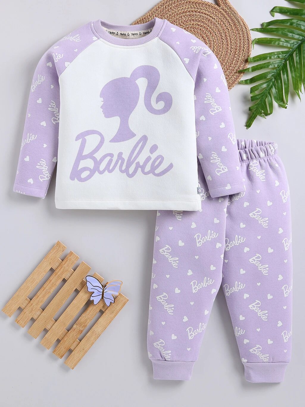 Tinyo Girls Barbie Fleece Printed Sweatshirt With Printed Sweatpant Set (Lavender, Pack Of 1)