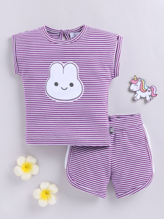 TINYO Infant Girls Striped Top & Shorts Set (Purple, Pack of 1)