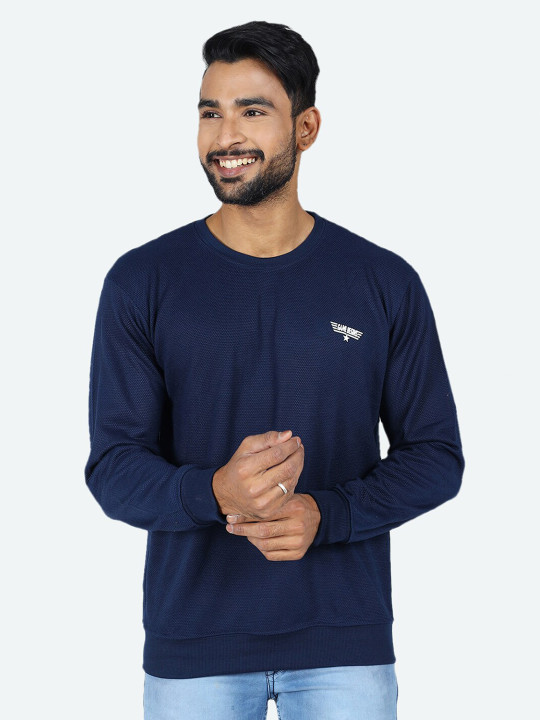 GAME BEGINS Men Round Neck Long Sleeves Fleece Pullover Sweatshirt (Blue, Pack of 1)