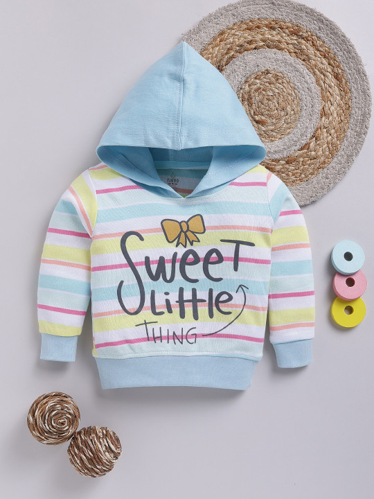 TINYO Infant Girls Striped Hooded Cotton T-Shirt (Blue & White, Pack of 1)