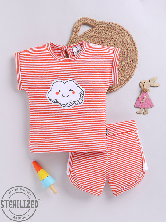 TINYO Infant Girls Striped Top & Shorts Set (Orange, Pack of 1)