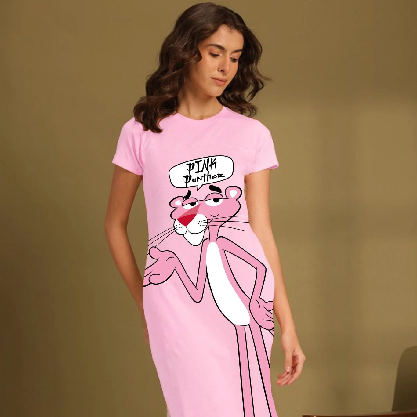 MINUTE MIRTH Women’s Pink Panther Graphic Printed Pure Cotton A-Line Dress (Pink, Pack of 1)
