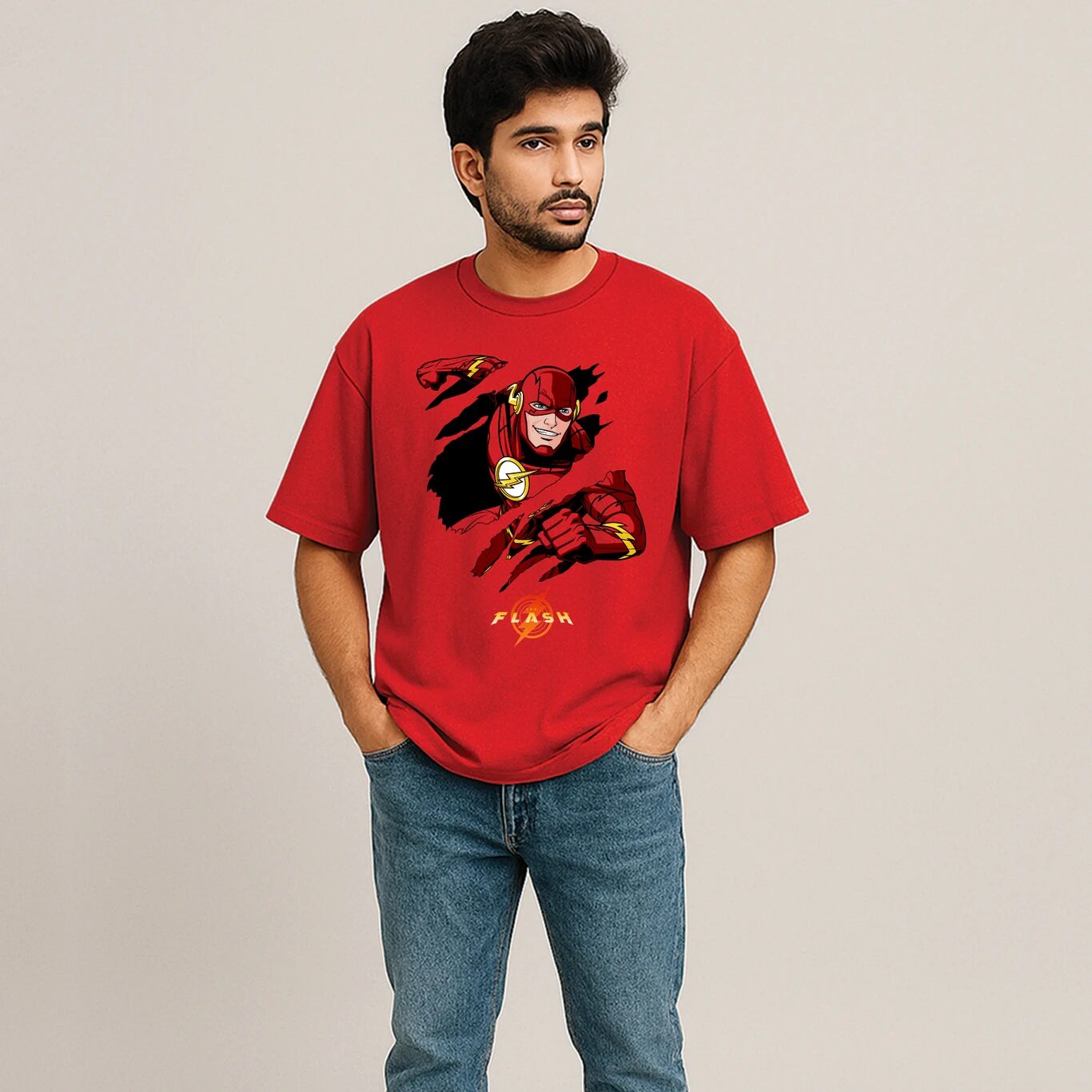 Minute Mirth Flash Printed Pure Cotton T-Shirt For Men (Red, Pack Of 1)