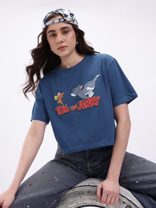 MINUTE MIRTH Women’s Tom and Jerry Graphic Printed Cotton Blend Boxy Fit T-Shirt (Blue, Pack of 1)