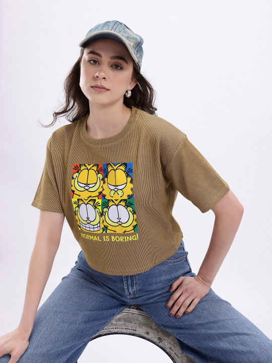 MINUTE MIRTH Women’s Garfield Graphic Printed Pure Cotton Regular Fit T-Shirt (Brown, Pack of 1)