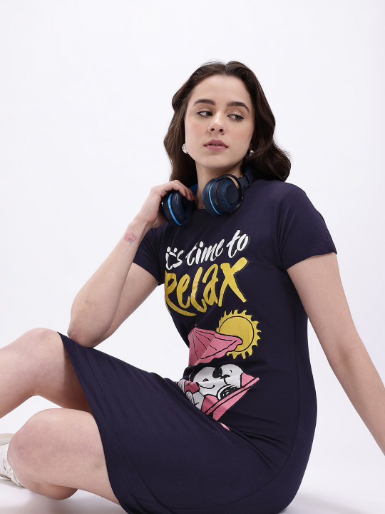 Minute Mirth Snoopy Printed Cotton Blend T-Shirt For Women (Dark Blue, Pack Of 1)