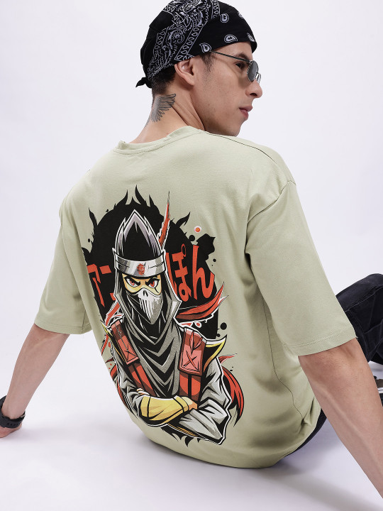 Minute Mirth Men’s Pure Cotton Anime Nippon Printed Oversized T-Shirt (Green, Pack Of 1)