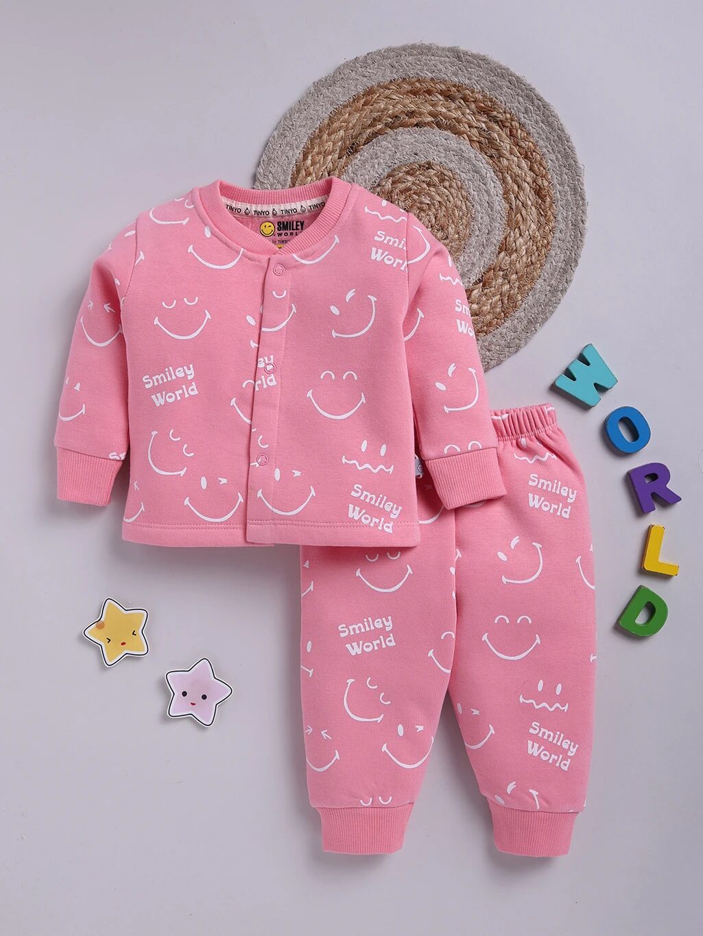 Tinyo Infant Girls Smiley World All-Over Print Fleece Sweatshirt and Sweatpant Set (Pink, Pack of 1)