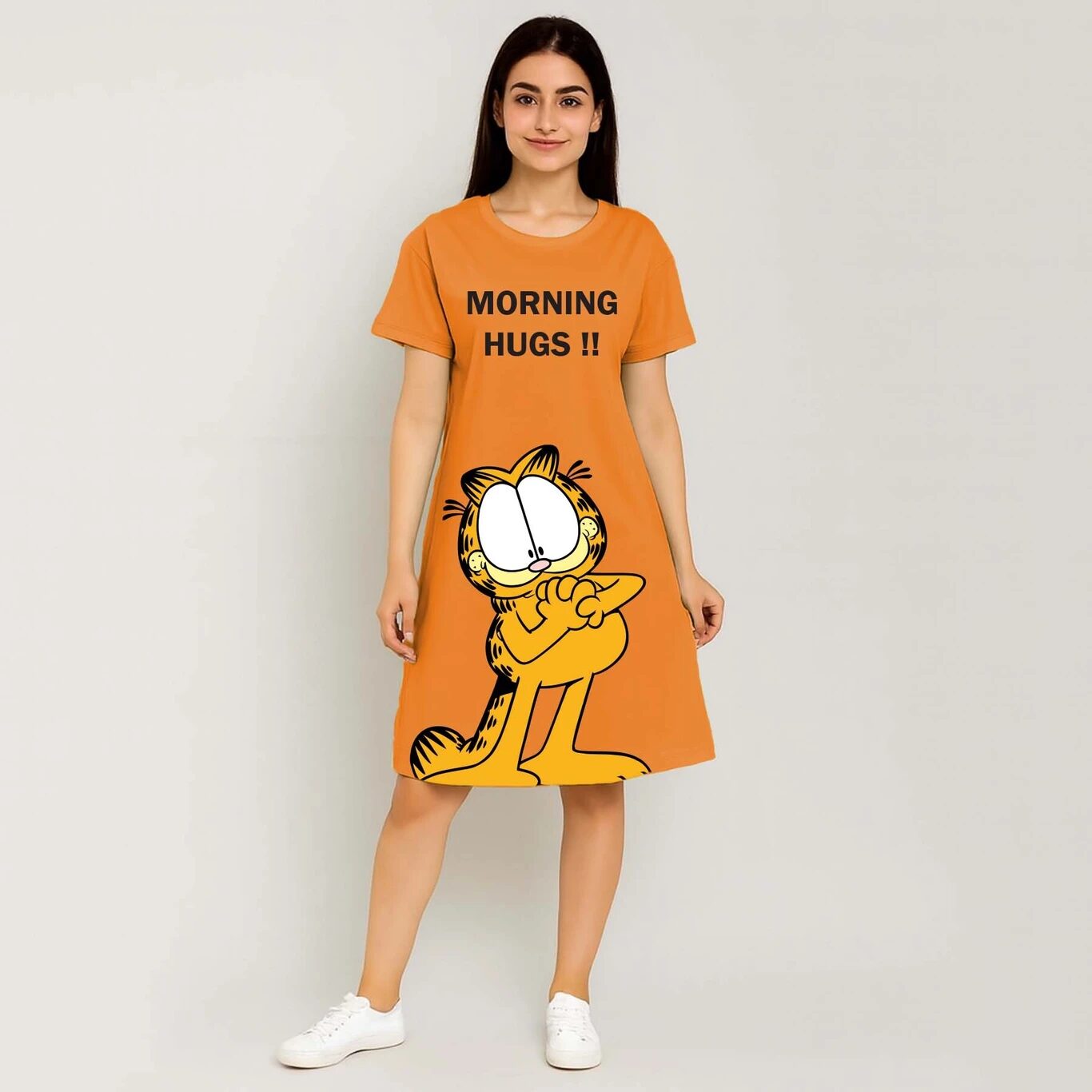 MINUTE MIRTH Women’s “Morning Hugs” Garfield Printed Pure Cotton A-Line Dress (Orange, Pack of 1)